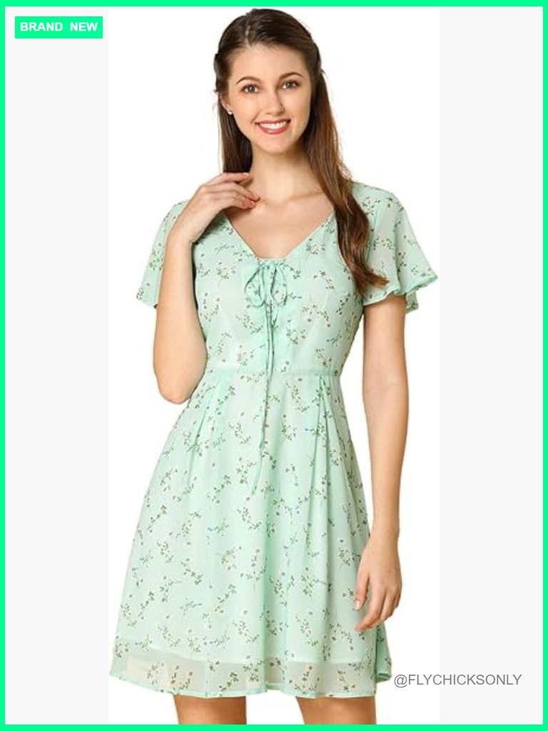 Floral Printed Flare Chiffon Dress With Lace-Up V Neck